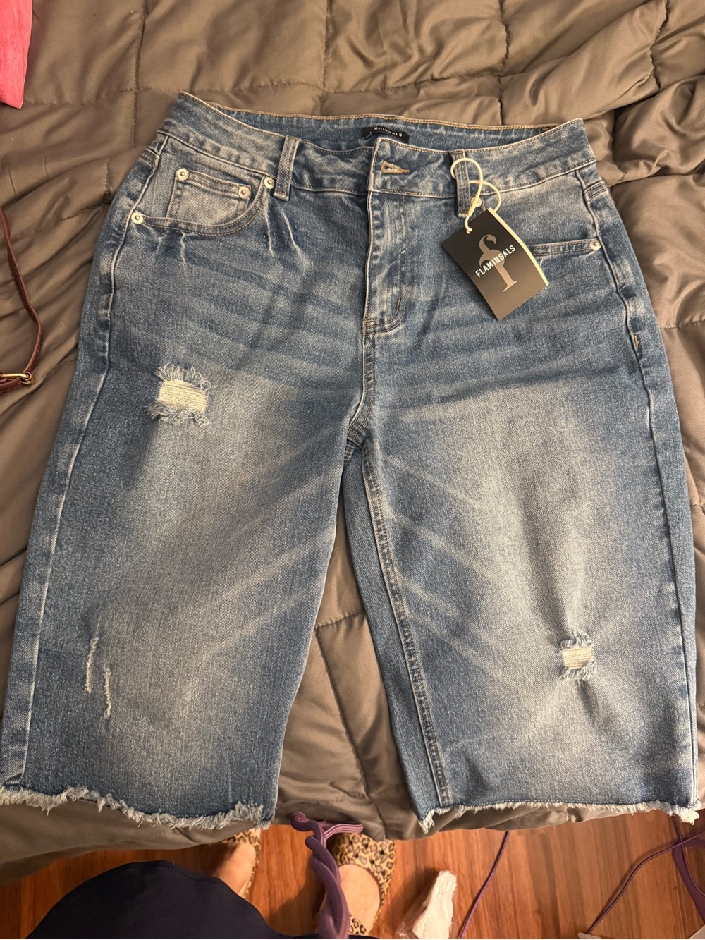 Flamingals Women’s Distressed Denim Bermuda Shorts - Medium